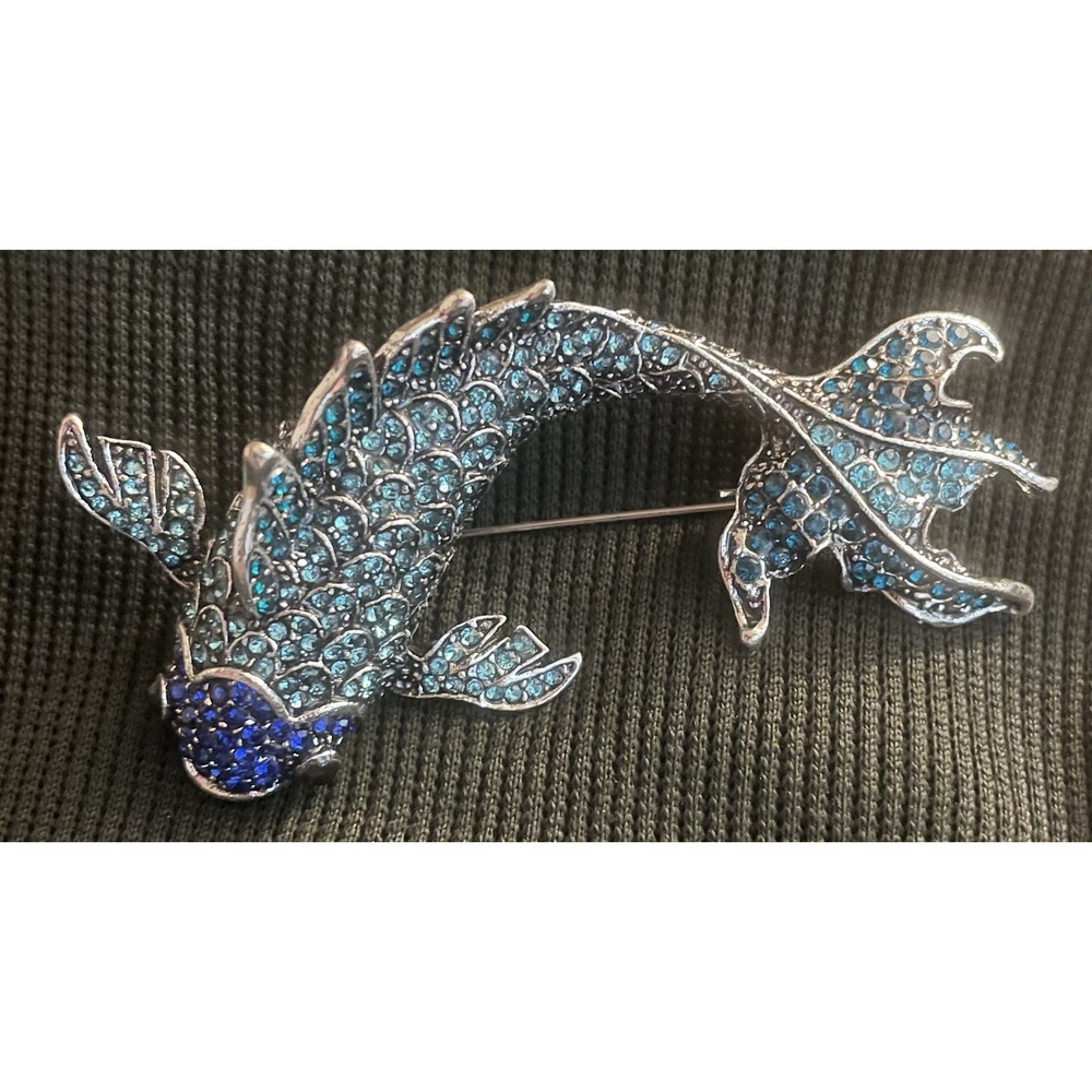 Jeweled Blue Iridescent Brooch Pendant Koi Fish Pin Rhinestones